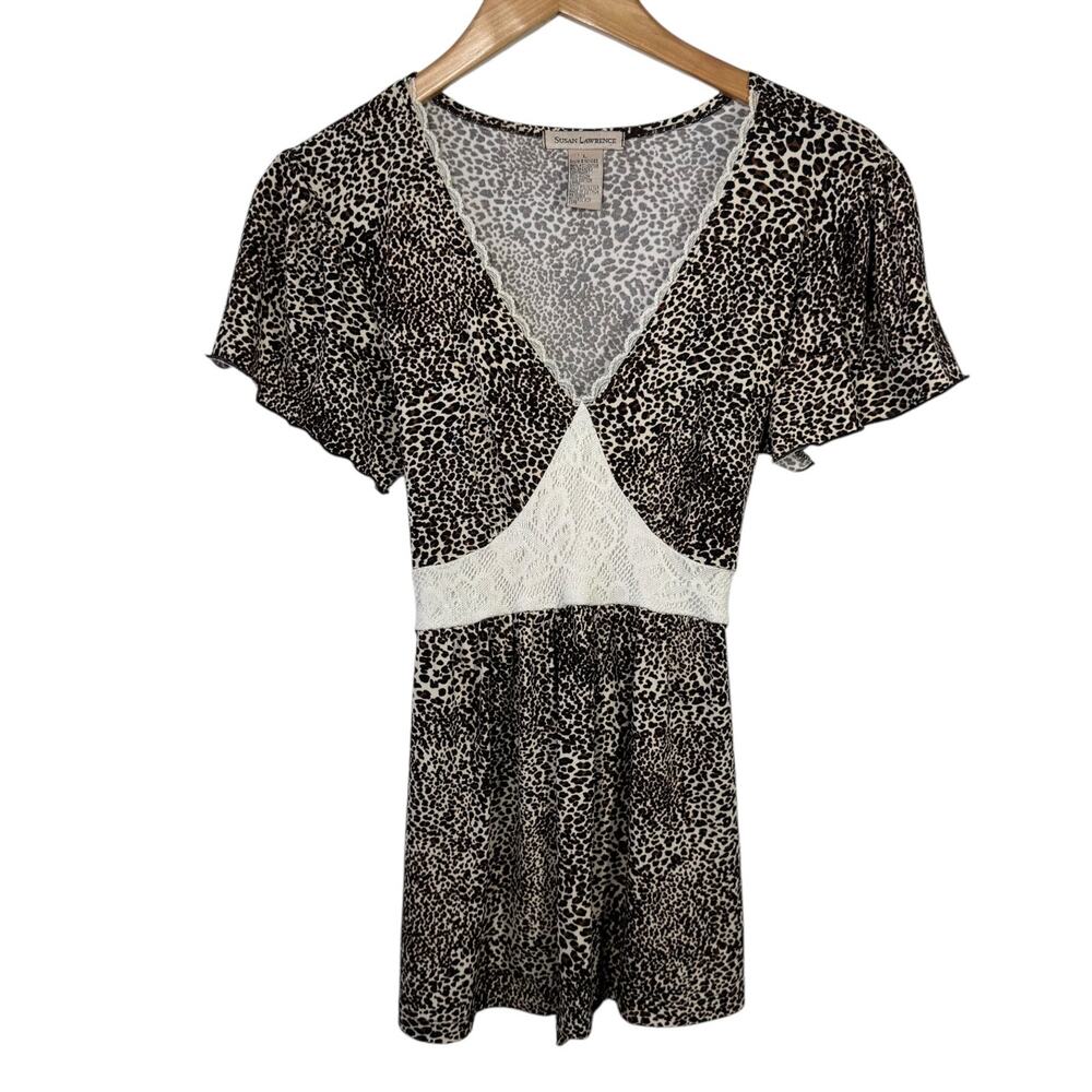 Susan Lawrence Y2K Babydoll Blouse Women L Leopard Lace Tie Festival‎ Spice Girl